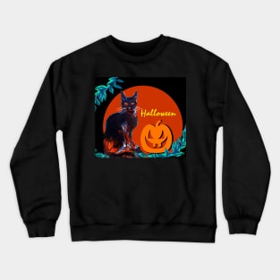 BLACK CAT WITH PUMPKIN IN HALLOWEEN NIGHT Crewneck Sweatshirt